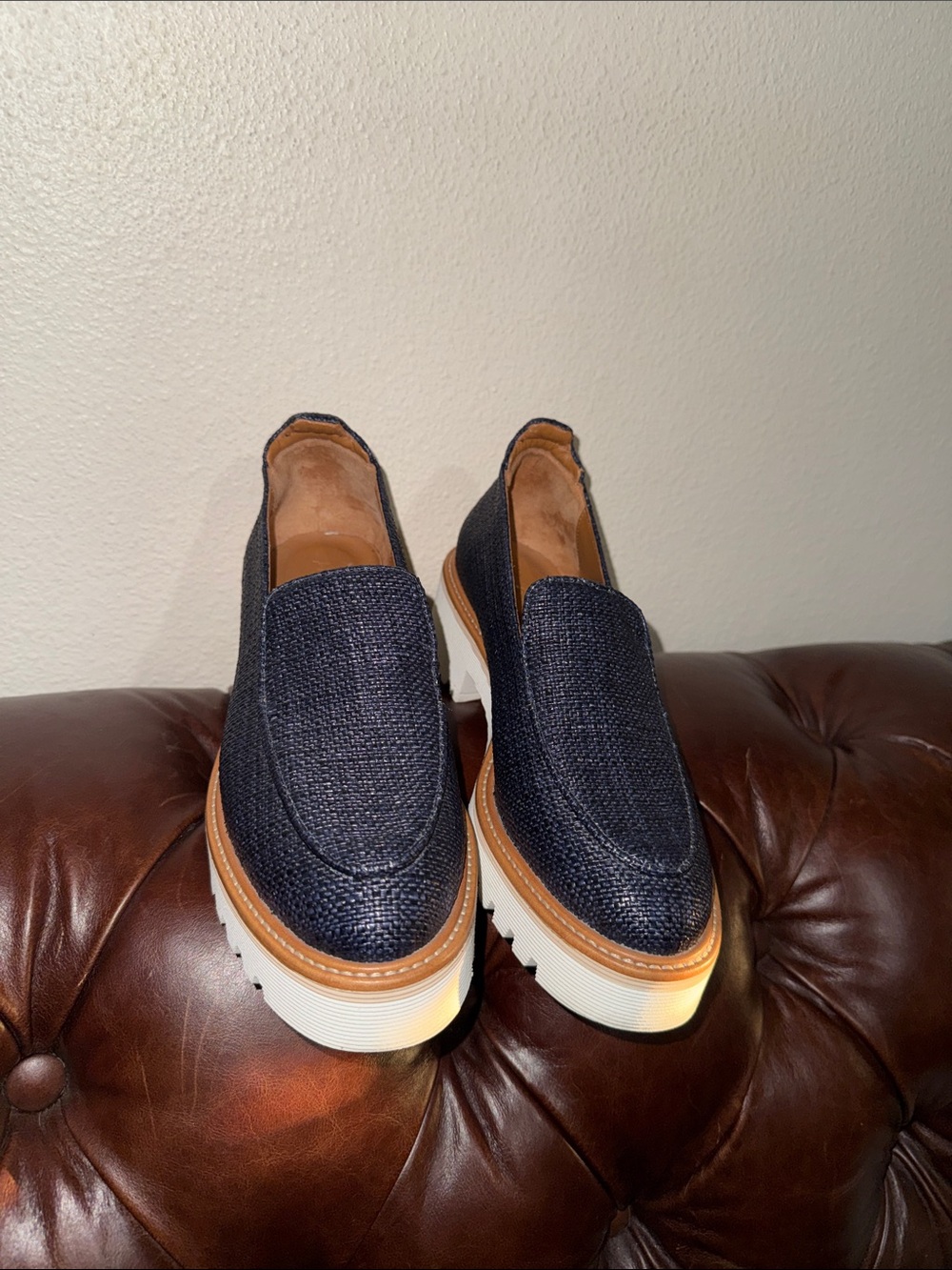 M. Gemi Navy Textured Slip-On Loafers with White Platform